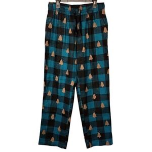 Falls Creek Pajama Pants Mens Medium Teal Black Plaid Brown Tree Print Sleepwear